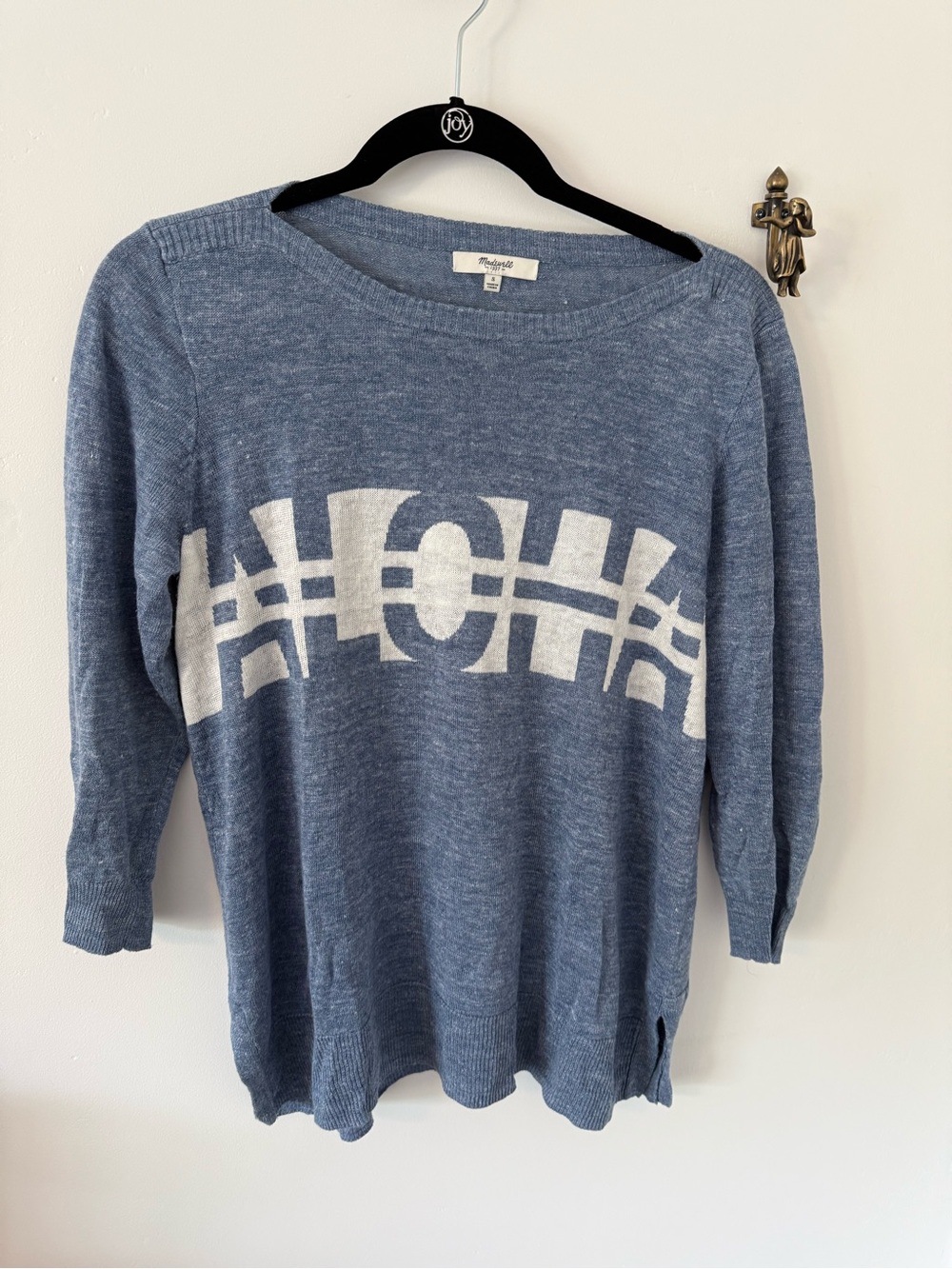 Madewell Blue Scoop-Neck Sweater with Cream ALOHA Graphic